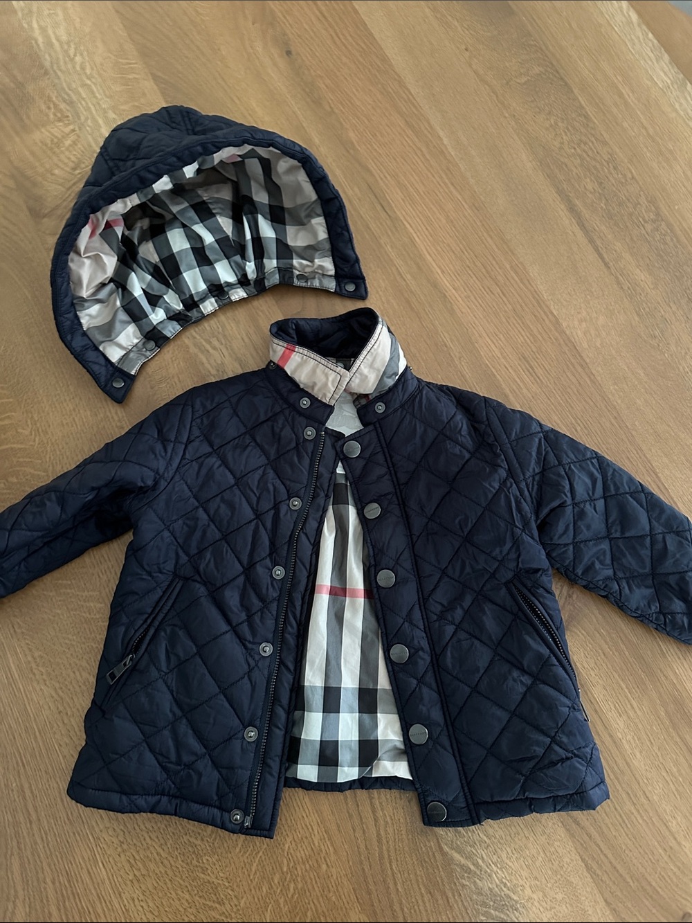 Burberry Navy Quilted Kids Jacket with Detachable Hood and Check Lining